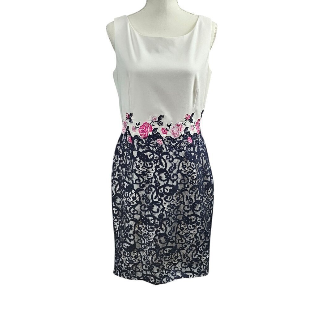 Antonio Melani Floral Lace Overlay Sleeveless Ivory And Navy Midi Dress
